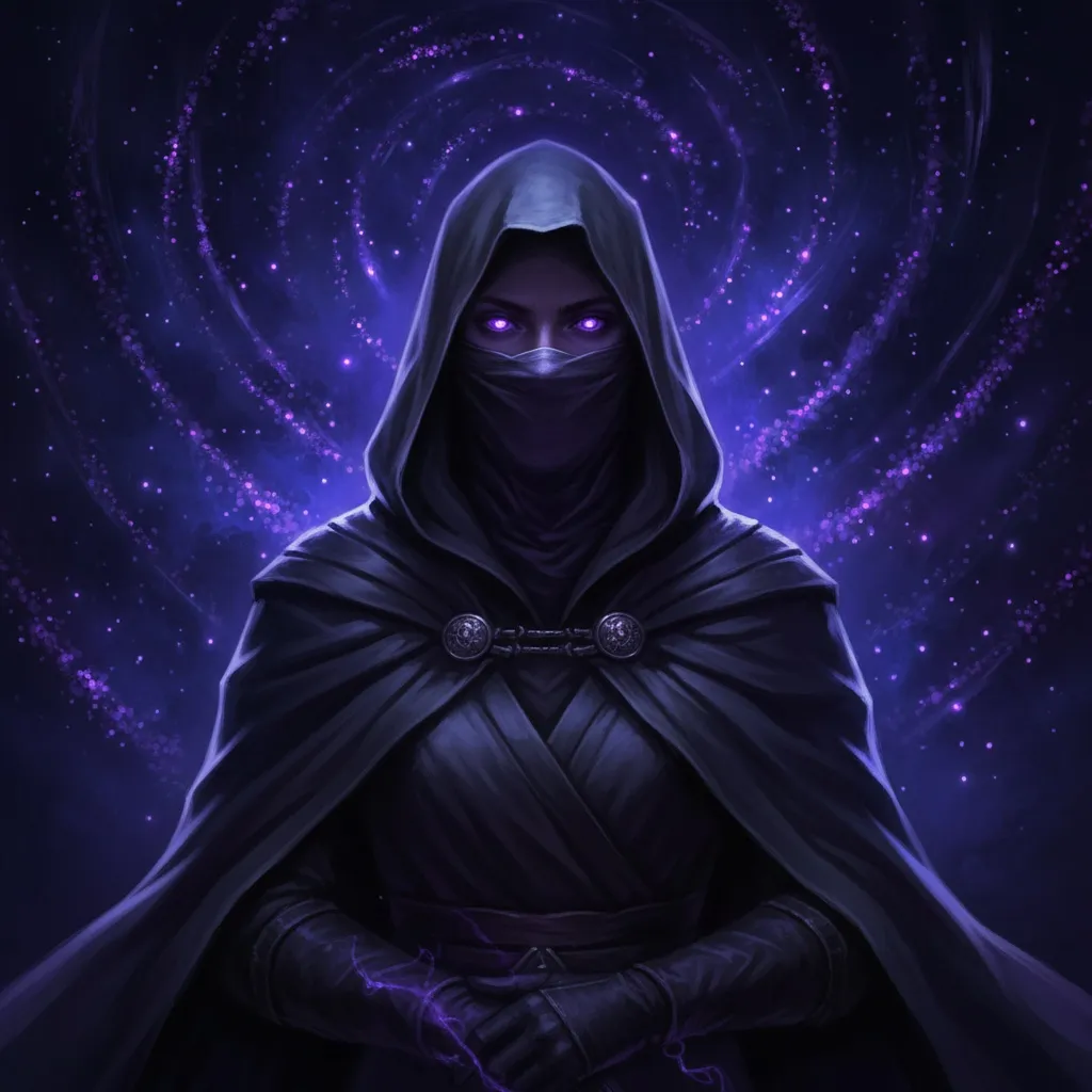 A hooded figure standing in a field of violet light