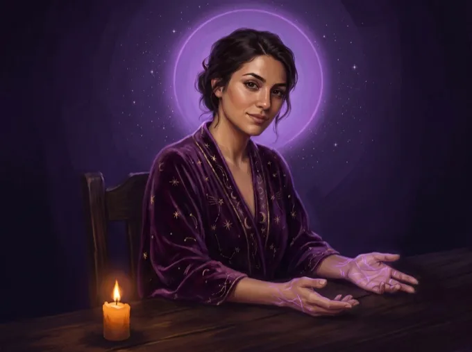 An astrologer at a candlelit table, reading a chart
