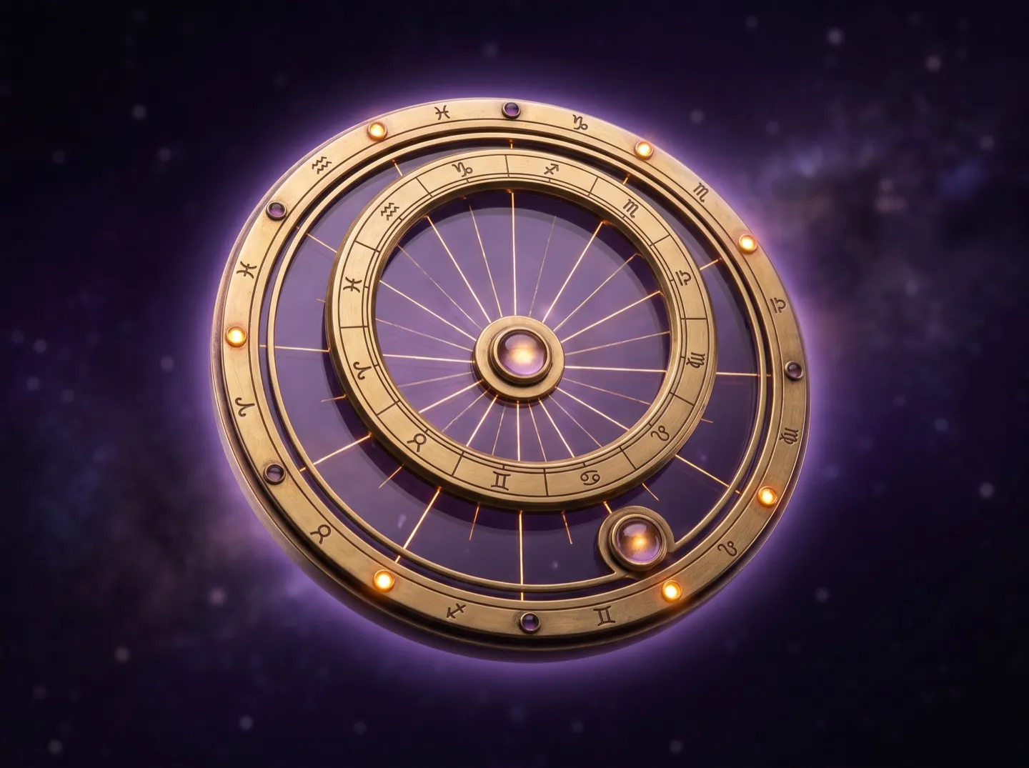 A brass astrological dial marked with the zodiac signs