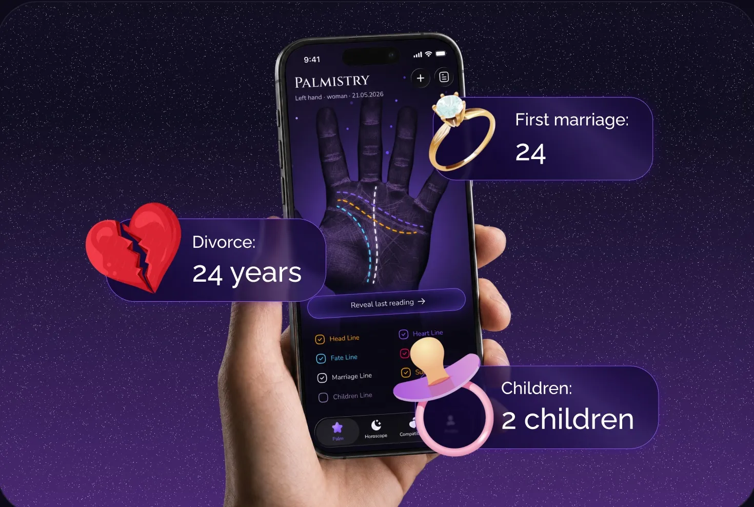 A phone held in hand showing the palm scan, with first marriage at 24, divorce at 24 years and two children marked