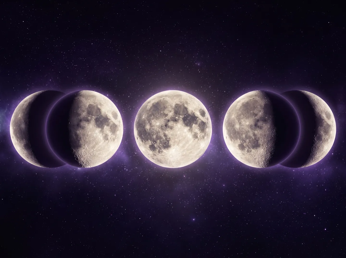 Five phases of the moon in a row against a violet sky